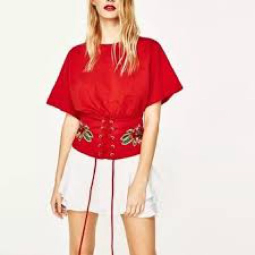 Zara Orange Lace-Up Top with Floral Embroidery